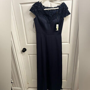 La Femme evening gown size 8 navy blue with lace at the top and bling.